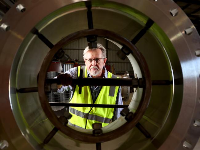 ADELAIDE, AUSTRALIA - NewsWire Photos February 13, 2023:  Wellsun Engineering Managing Director Shaun Hall at his Lonsdale workshop with some of the equipment and materials they're providing for the Santos' carbon capture and storage project at Moomba.Picture: NCA NewsWire / Kelly Barnes