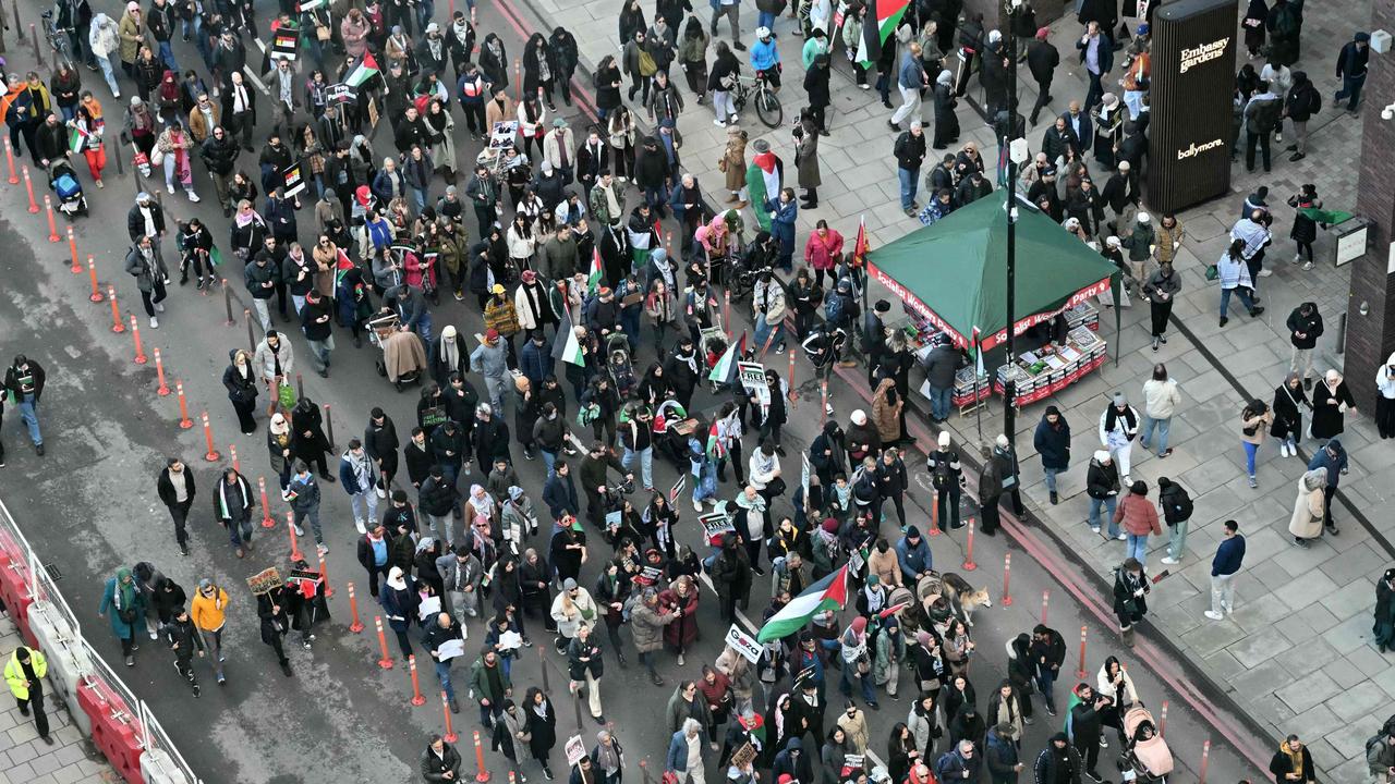 Hundreds of thousands of pro-Palestinian supporters marched through London on Saturday. Picture: Justin Tallis/AFP