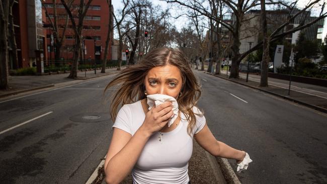 Hayfever sufferer Yasmin Cinelli on Frome Road, home to the London Plane Trees that spark allergies. Picture: Brad Fleet