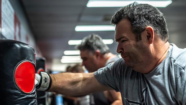 Gus Worland sweats it out training at the Rats Shed. Picture; Monique Harmer.