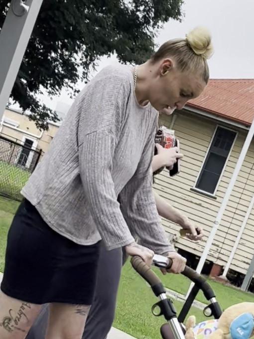 Stevie-Lea Collier, seen leaving the Kingaroy Courthouse after giving evidence in Ms Beckhouse’s trial, claimed she was hit across her arms with a bat while lying on the ground.