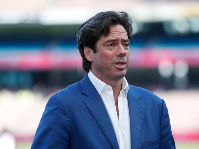 MELBOURNE, AUSTRALIA - SEPTEMBER 22: Gillon McLachlan, Chief Executive Officer of the AFL speaks with media during the AFL Grand Final Entertainment Media Opportunity at the Melbourne Cricket Ground on September 22, 2022 in Melbourne, Australia. (Photo by Michael Willson/AFL Photos via Getty Images)