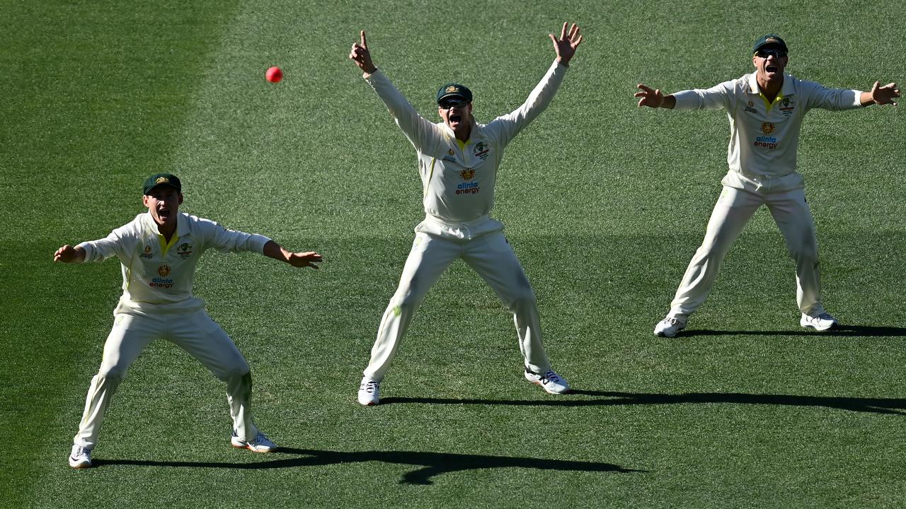 Marnus Labuschagne, Steve Smith and David Warner. Photo by Quinn Rooney/Getty Images