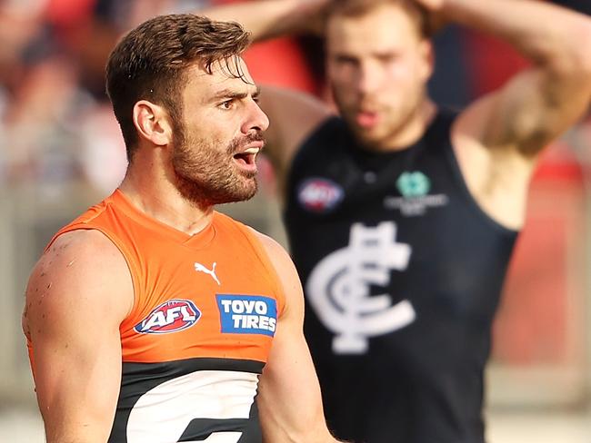 SYDNEY, AUSTRALIA - APRIL 01: Stephen Coniglio of the Giants appeals to the referee during the round three AFL match between Greater Western Sydney Giants and Carlton Blues at GIANTS Stadium, on April 01, 2023, in Sydney, Australia. (Photo by Mark Kolbe/Getty Images)