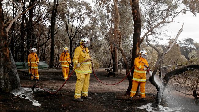 CFS crew mop up on Mount Bold Rd after the Cherry Gardens fire. Picture: Kelly Barnes