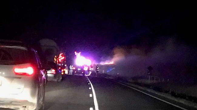 Emergency services at the truck and car crash on the Bunya Highway on Monday night. Photo: Marguerite Cuddihy. Picture: Marguerite Cuddihy