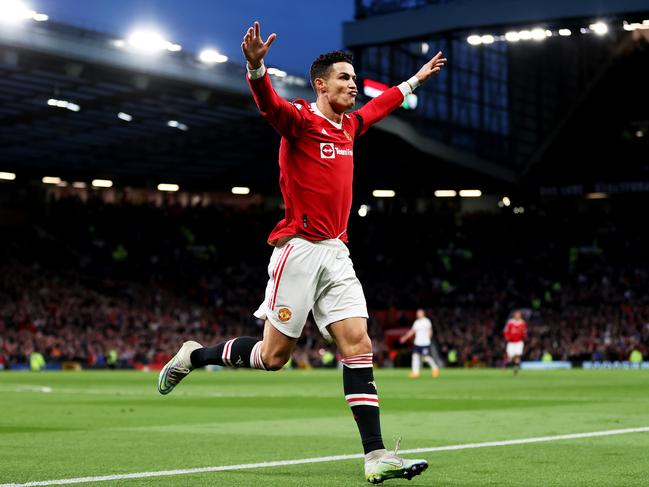 Cristiano Ronaldo of Manchester United celebrates after scoring against Tottenham at Old Trafford last season. Picture: Naomi Baker/Getty Images