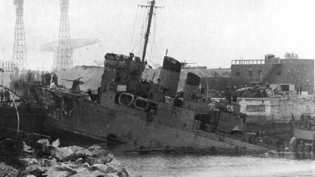 History. HMS Campbeltown is seen wedged in the dock gates at St Nazaire in March 1942 after a daring comma