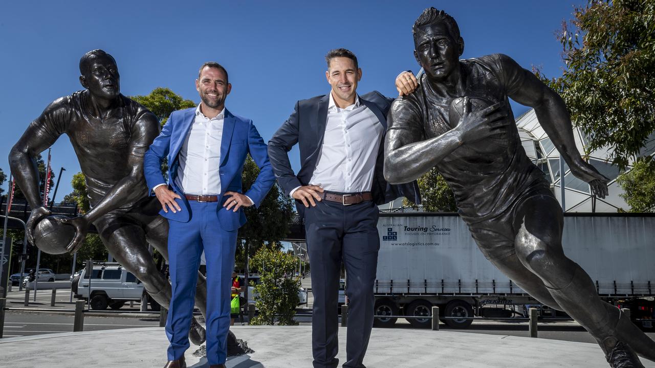 Melbourne Storm legends Cameron Smith and Billy Slater at the unveiling of their bronze statues at AAMI Park. Picture: Jake Nowakowski