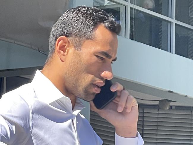 Former NRL player Arana Taumata leaving Gosford Local Court, where he pleaded not guilty to defrauding two couples of almost $200,000 of their superannuation. Picture: NewsLocal