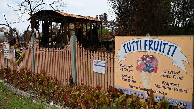 Bushfire damage at Tutti Fruitti at Bilpin on January 13. The beloved business has finally been able to reopen this month. Picture: AAP