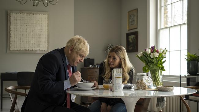 Kenneth Branagh as Boris Johnson and Ophelia Lovibond as his wife Carrie Symonds in This England.