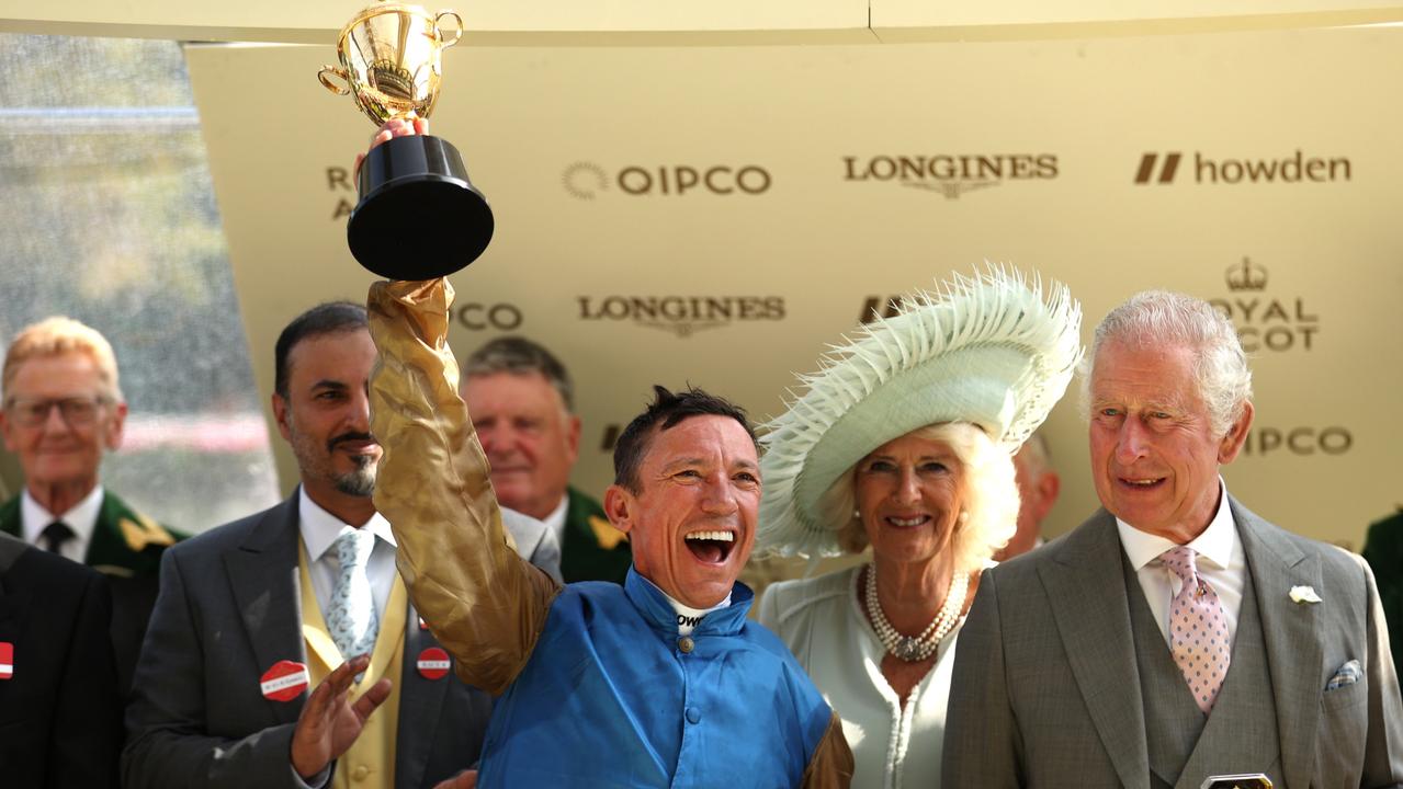 Frankie Dettori with King Charles III and Queen Camilla as he celebrates at the trophy presentation for the Ascot Gold Cup. Picture: Alex Pantling–Getty Images