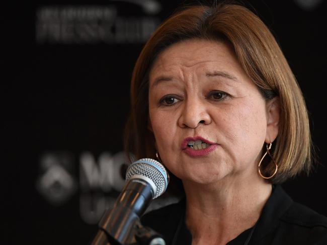 **FILE** A Tuesday, June 19, 2018 image reissued Monday, September 24, 2018 of former ABC managing director Michelle Guthrie speaking to the Melbourne Press Club in Melbourne. ABC managing director Michelle Guthrie has been sacked effective immediately because it was "not in the best interests" of the broadcaster for her to stay in the job. Board chairman Justin Milne said the transition to a new leader could be disruptive but discussions had been under way for several months. (AAP Image/Julian Smith) NO ARCHIVING