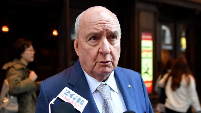 Alan Jones speaks to the media at the memorial of Harry M Miller at the Capitol Theatre in Sydney, Friday, August 3, 2018. (AAP Image/Joel Carrett) NO ARCHIVING