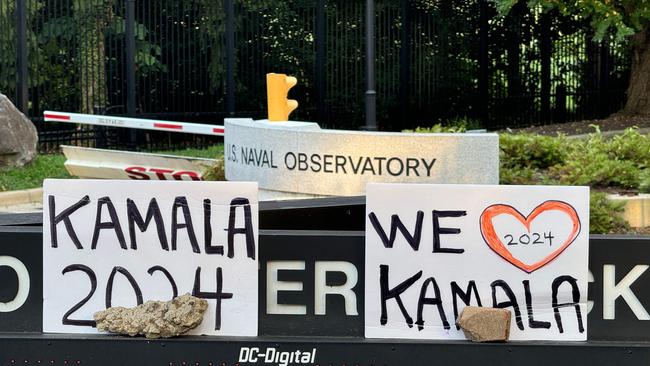 Signs are pictured outside the US Naval Observatory, where US Vice president Kamala Harris lives, in Washington, DC on July 21. Picture: Daniel Slim/AFP