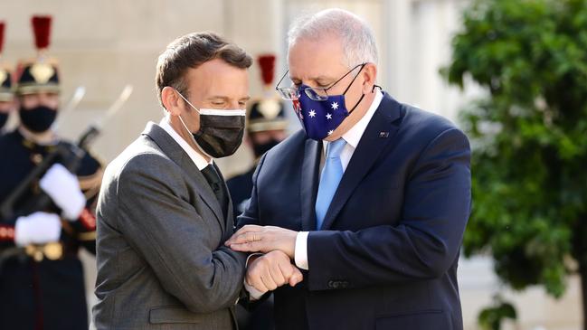 French President Emmanuel Macron and Scott Morrison at the Presidential Palace in Paris in June. Picture: Adam Taylor / PMO