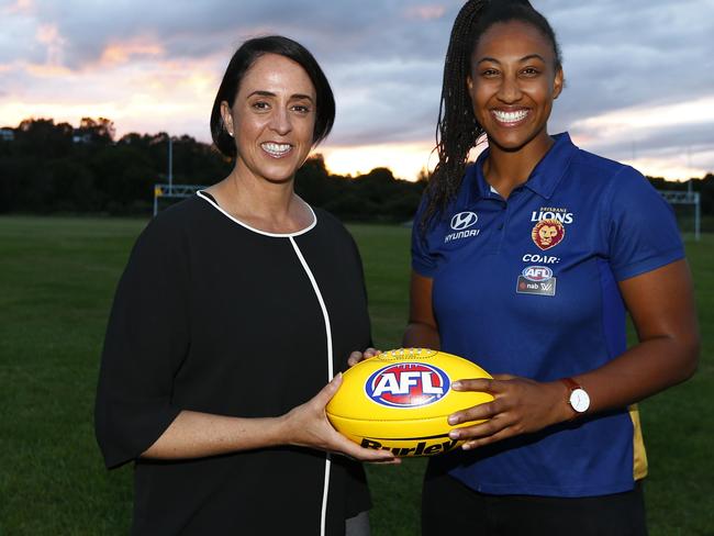 Sabrina Frederick-Traub of the Lions and Nicole Livingstone, newly appointed AFL Head of Womens Football. Picture: Jason O'Brien/AFL Media