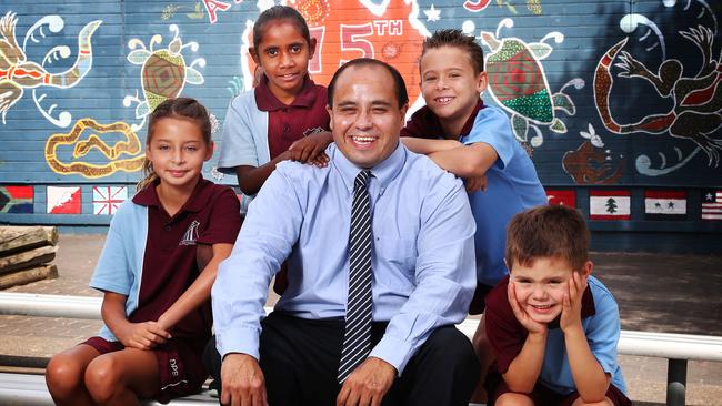 Doonside Public School principal David Galea with students Talara Bell, 10, Jenelle Wright, 7, Kayleb Holman, 8, and Braedyn Tangye-Komorowski, 6. Picture: John Feder