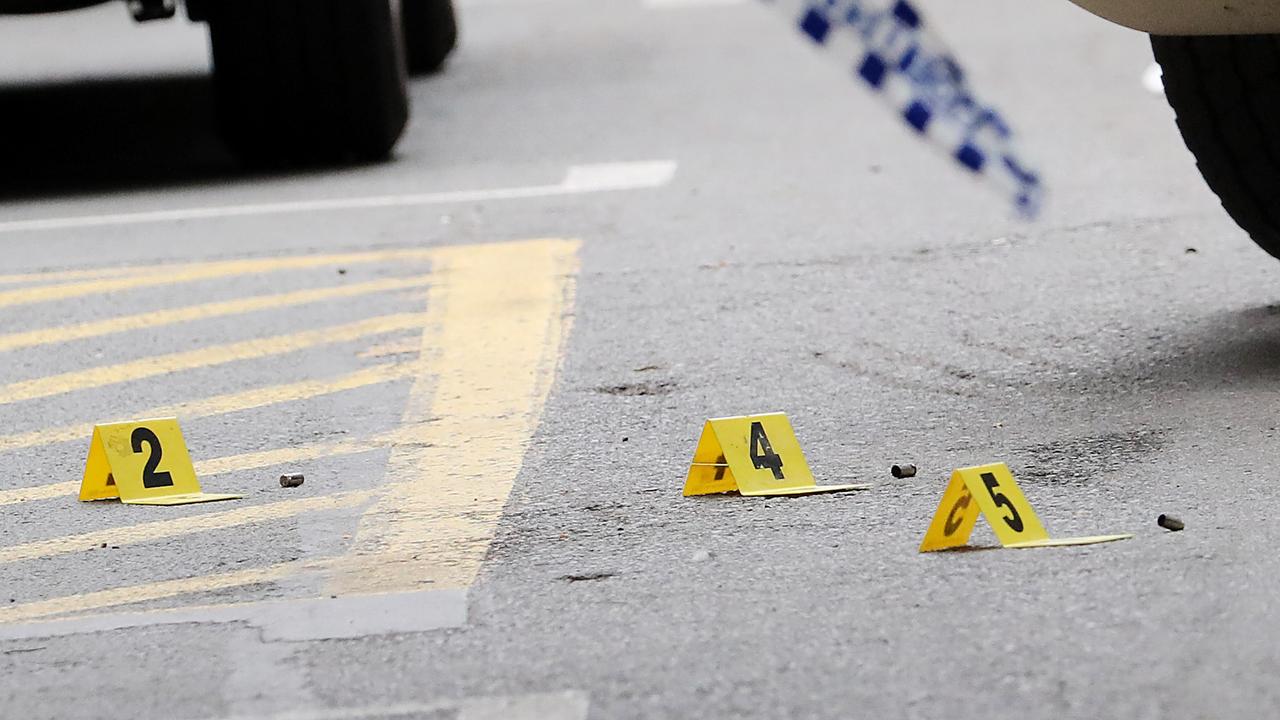 Bullet shells at the scene. Police at the scene of a shooting in Mary Street in the Brisbane CBD. Pic Peter Wallis