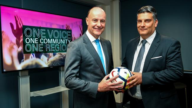 Chris Redman and Gino Marra of the South-West Sydney FC bid. (AAP Image/Brendan Esposito)