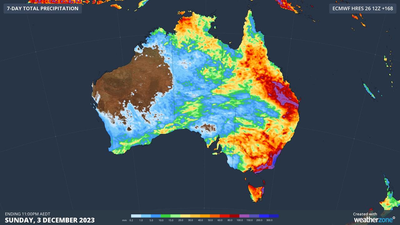 Rainfall totals of more than 100mm are expected in the purple areas. Picture: Weatherzone.