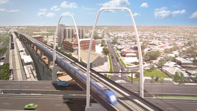 An artist’s impression of the Melbourne Airport Rail Link sky rail.