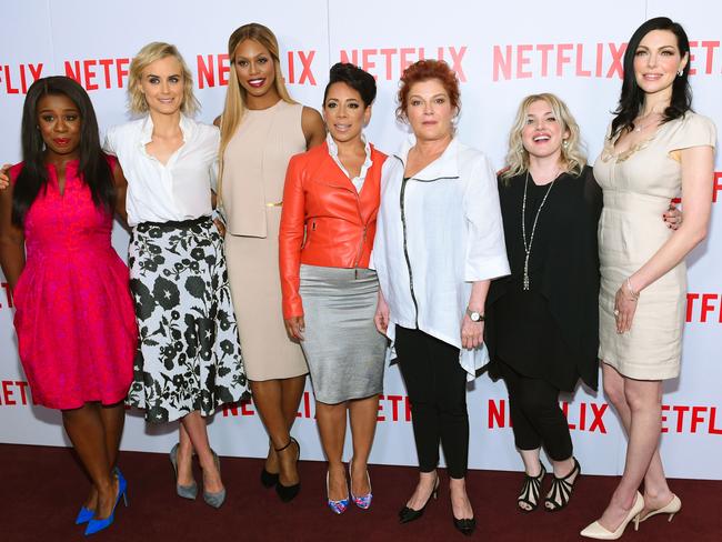 Women can work together: OITNB cast members, from left, Uzo Aduba, Taylor Schilling, Laverne Cox, Selenis Leyva, Kate Mulgrew, Jennifer Euston, and Laura Prepon. Picture: Scott Roth / Invision / AP
