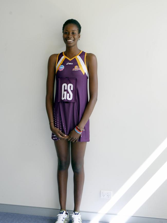 Then and now: Romelda Aiken was a raw-boned 19-year-old when she arrived at the Firebirds and will play her 200th game as a wife and mother in the NSW Swifts strip.