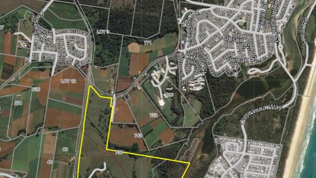 Cudgen property owned by the Kingscliff Land Company (highlighted). PHOTO: Supplied