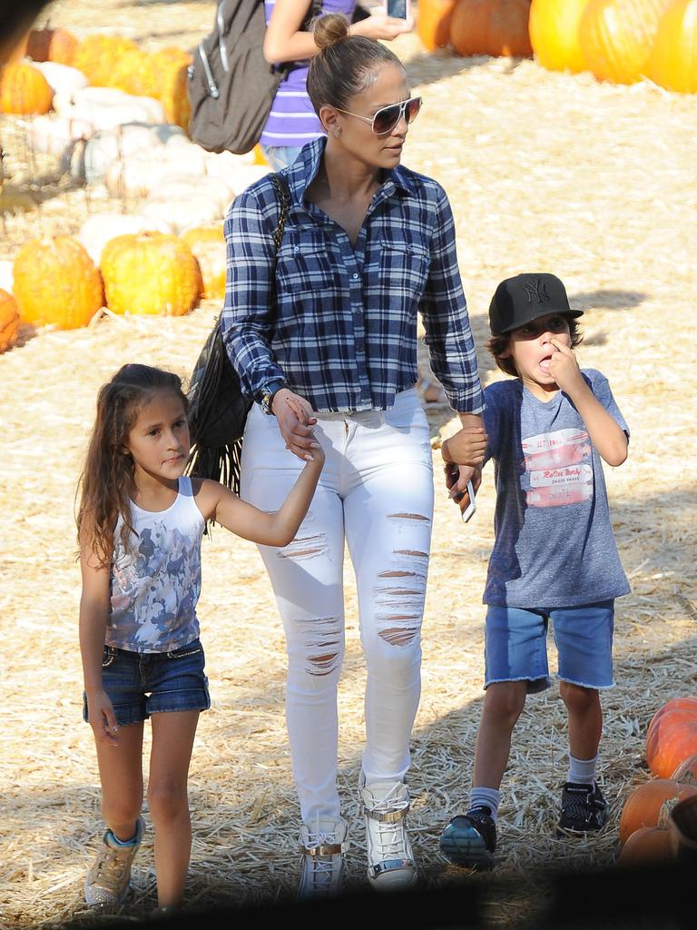 Day out ... Jennifer Lopez takes her kids to Mr Bones Pumpkin Patch in West Hollywood. Picture: Australscope