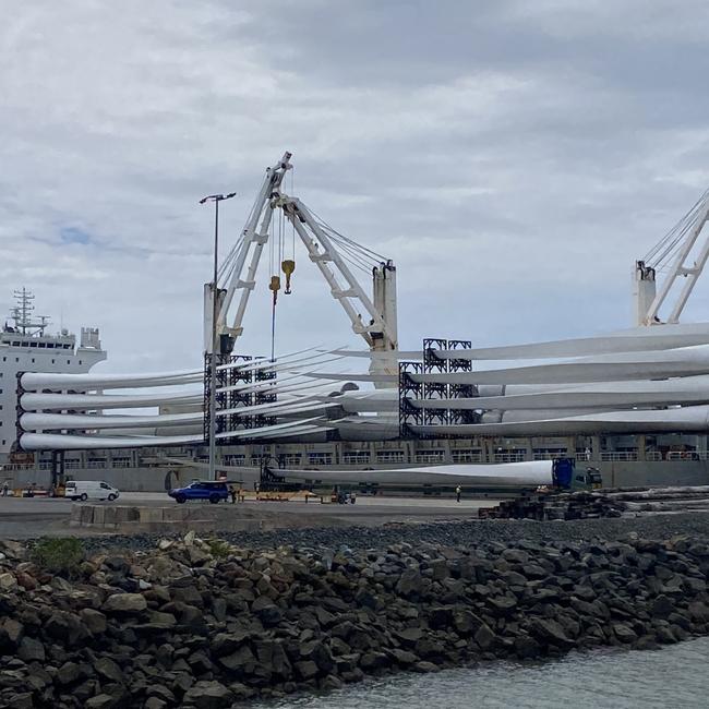 The first wind turbines have arrived at Gladstone Harbour ahead of their transport through the city on their way to the Clarke Creek Wind and Solar Farm project northwest of Rockhampton. Picture: Nilsson Jones