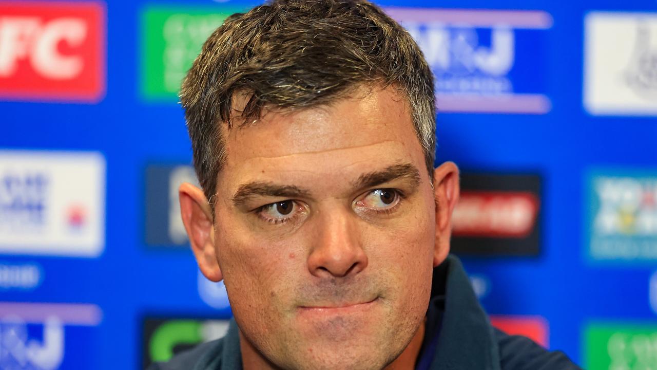 NEWCASTLE, AUSTRALIA - AUGUST 13: Bulldogs coach Cameron Ciraldo talks during a post match press conference after the round 24 NRL match between Newcastle Knights and Canterbury Bulldogs at McDonald Jones Stadium on August 13, 2023 in Newcastle, Australia. (Photo by Jenny Evans/Getty Images)