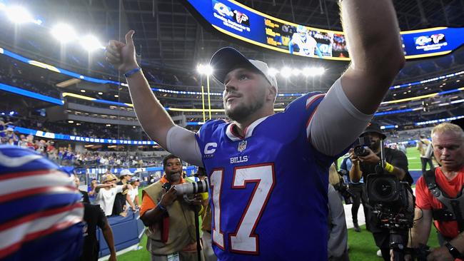 Quarterback Josh Allen #17 of the Buffalo Bills reacts after defeating the Los Angeles Rams 31-10 in the NFL game at SoFi Stadium.