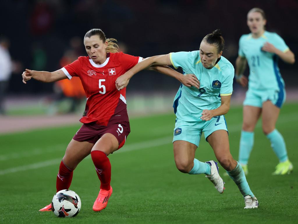 Caitlin Foord in action against Switzerland. Picture: Arnd Wiegmann/Getty Images for Football Australia