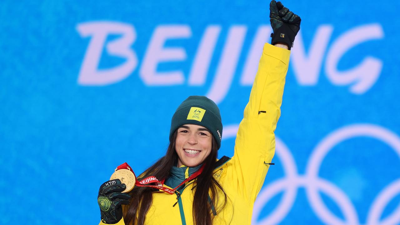 Jakara Anthony celebrates with her Winter Olympics medal for the women's moguls. Picture: Maddie Meyer