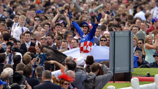 A jubilant Glen Boss after winning the 2005 Cox Plate with Makybe Diva.