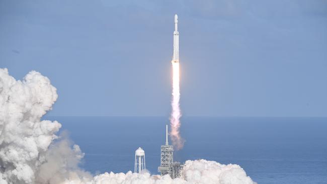 The SpaceX Falcon Heavy takes off from Pad 39A at the Kennedy Space Center in Florida.