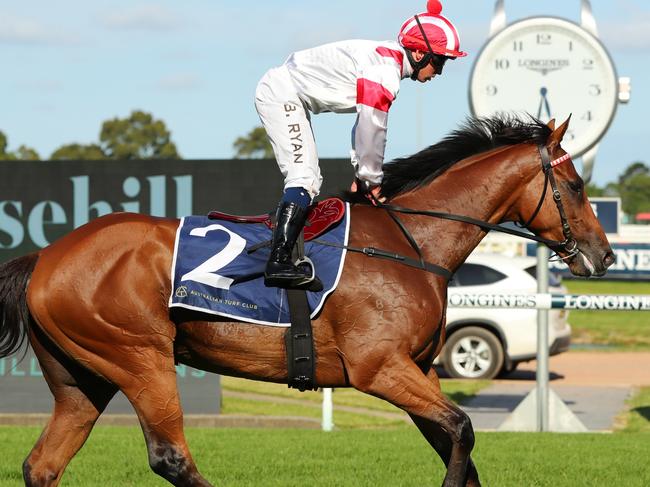 SYDNEY, AUSTRALIA - JANUARY 14: Brock Ryan riding Irish Legend wins Race 9 of the Rosehill Bowling Club Handicap during Sydney Racing at Rosehill Gardens on January 14, 2023 in Sydney, Australia. (Photo by Jeremy Ng/Getty Images)