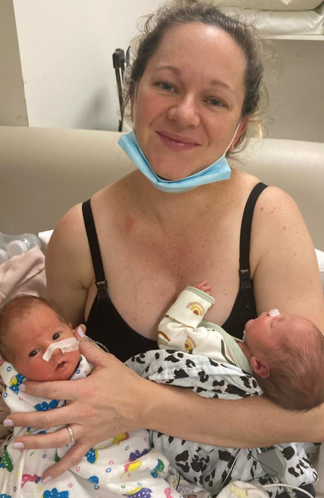 The twins with their mum, Jess Mudri, during their stay at the Buderim Private Hospital. Picture: Contributed