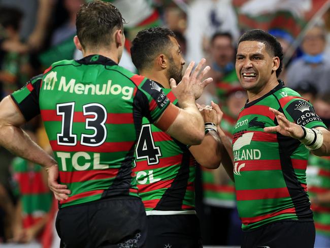 Alex Johnston scores and Cody Walker celebrates during the 2021 NRL Grand Final between the Penrith Panthers and Souths Sydney Rabbitohs at Suncorp Stadium in Brisbane. Pics Adam Head