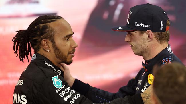 Lewis Hamilton and Max Verstappen react after the F1 Grand Prix of Abu Dhabi at Yas Marina Circuit. Picture: Getty Images