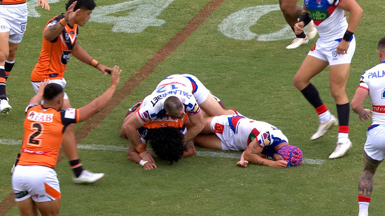 Knights superstar Kalyn Ponga is knocked out after just 90 seconds. Fox League