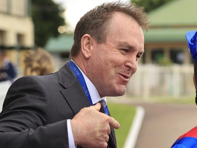 NEWCASTLE, AUSTRALIA - NOVEMBER 13: Trainer John O'Shea talks to Hugh Bowman after winning The Hunter with Lost And Running during Sydney Racing at Newcastle Racecourse on November 13, 2021 in Newcastle, Australia. (Photo by Mark Evans/Getty Images)