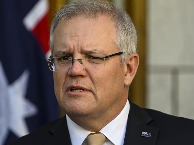 Australian Prime Minister Scott Morrison speaks to the media during a press conference at Parliament House in Canberra, Friday, May 8, 2020. (AAP Image/Lukas Coch) NO ARCHIVING