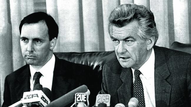 Bob Hawke and Treasurer Paul Keating during a 1983 press conference at Parliament House.