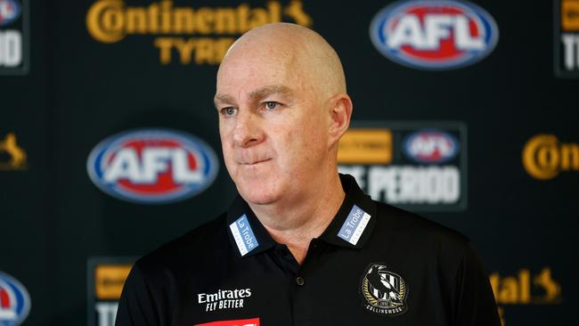 MELBOURNE, AUSTRALIA - OCTOBER 09: Graham Wright, GM of Football of the Magpies speaks with media during the 2023 Continental Tyres AFL Trade Period at Marvel Stadium on October 09, 2023 in Melbourne, Australia. (Photo by Michael Willson/AFL Photos via Getty Images)