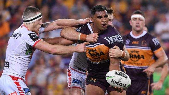 Tevita Pangai looks to offload against the Dragons. Picture: AAP Image/Dave Hunt