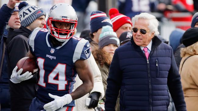 Owner Robert Kraft of the New England Patriots looks at Brandin Cooks before a game against the New York Jets.