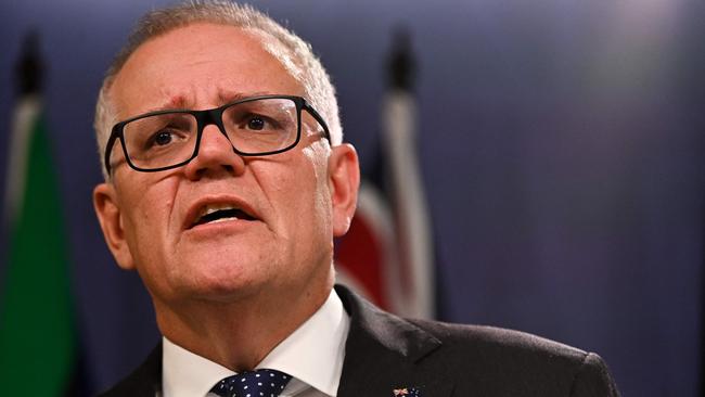 Former prime minister Scott Morrison speaks to media during a press conference. Picture: Steven Saphore/AFP